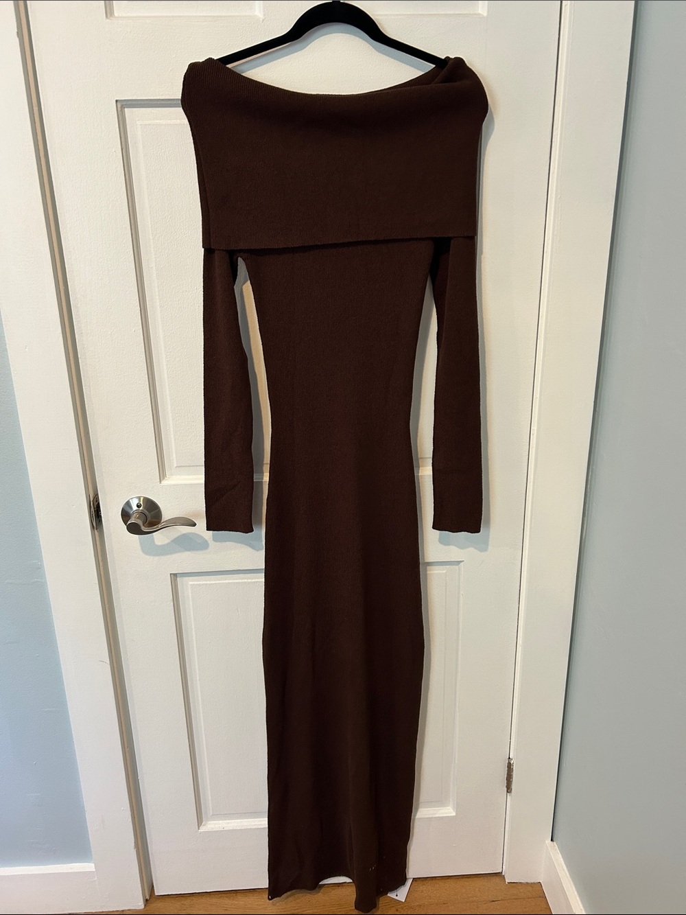 Chocolate Brown Off-Shoulder Knit Maxi Dress